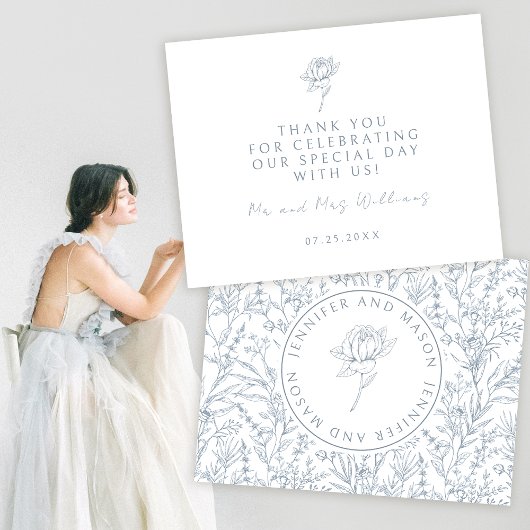 Elegant staubblaue französische Hochzeit Dankeschö Dankeskarte