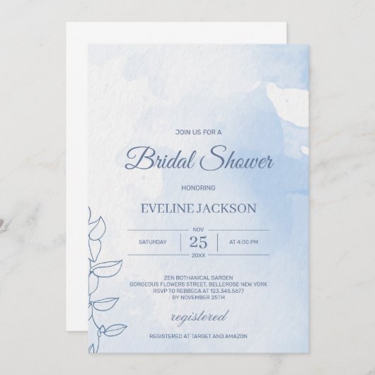 Elegant staubblaues Pulver Wasserfarbklassiker Einladung (Vorne/Hinten)