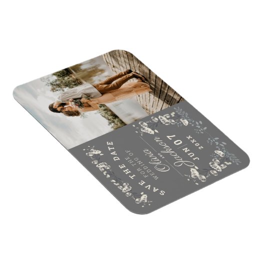 Elegant staubig grau-weiße Blumen Save the Date in Magnet (Rechte Seite)