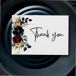 Elegant staubiges Blau Navy Burgunder Blumenhochze Dankeskarte