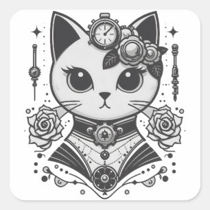 Elegant Steampunk Viktorianisch Cat Quadratischer Aufkleber