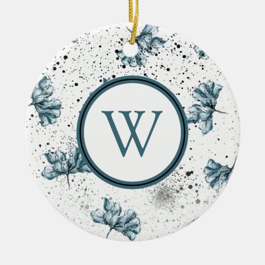 Elegant Steel Blue Floral Monogram Keramik Ornament (Vorne)