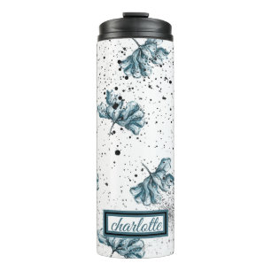 Elegant Steel Blue Floral Monogram Thermosbecher