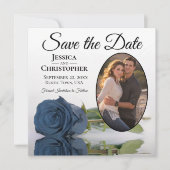 Elegant Steel Blue Rose Oval Foto White Wedding Save The Date (Vorderseite)