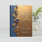 Elegant Steel Royal Blue Gold Verziert Geburtstag Einladung (Stehend Vorderseite)