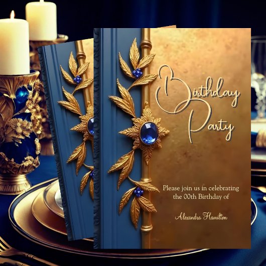 Elegant Steel Royal Blue Gold Verziert Geburtstag Einladung