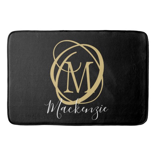 Elegant Stilvolle Monogram Script Name Black Gold Badematte (Vorderseite)
