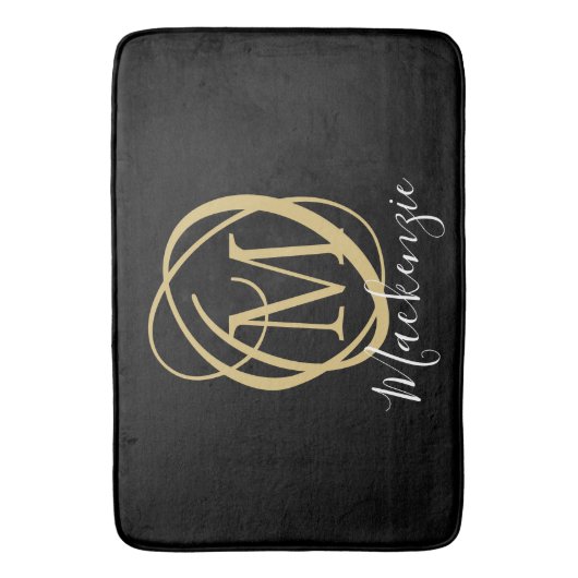 Elegant Stilvolle Monogram Script Name Black Gold Badematte (Vorderseite Vertikal)