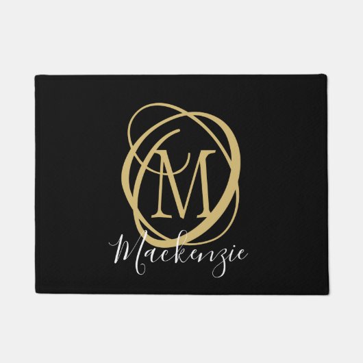 Elegant Stilvolle Monogram Script Name Black Gold Fußmatte (Vorderseite)