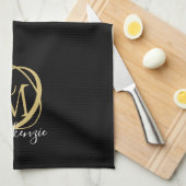 Elegant Stilvolle Monogram Script Name Black Gold Geschirrtuch (Viertel Falte)