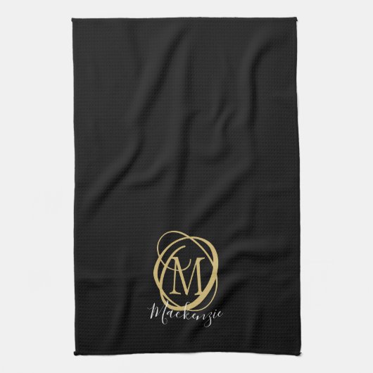 Elegant Stilvolle Monogram Script Name Black Gold Geschirrtuch (Vertikal)
