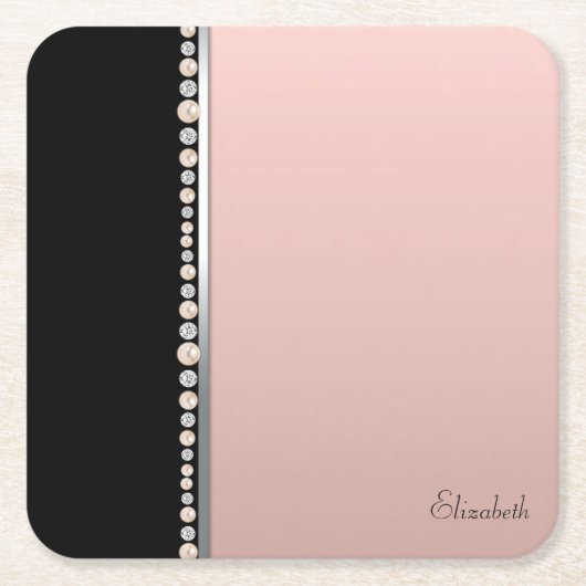 Elegant Stilvolle Perlen Schwarz Pink Rechteckiger Pappuntersetzer (Vorderseite)