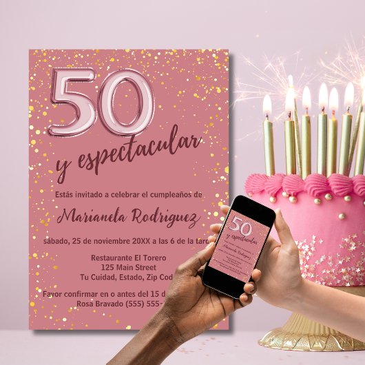 Elegant Stilvolle Rose Gold 50. Geburtstag Spanisc Einladung