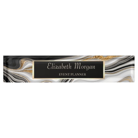 Elegant Stilvoller Schwarz-weißer Marmor Namensplakette (Vorderseite)