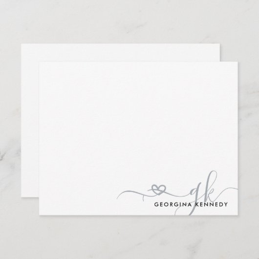 Elegant Stilvolles Heart Script 2 Monogram Initial Mitteilungskarte (Vorne/Hinten)