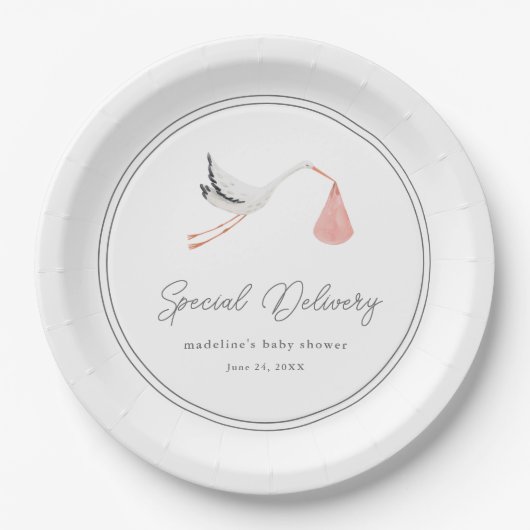 Elegant Stork Baby Shower Pappteller (Vorderseite)