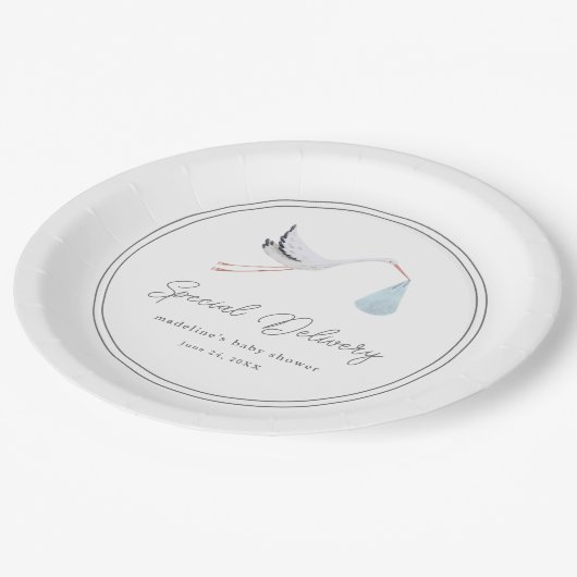 Elegant Stork Baby Shower Pappteller (Schrägansicht)