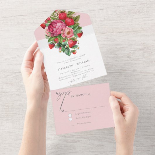 Elegant Strawberry and Peonies Wedding Rsvp All In One Einladung (Abreißen)
