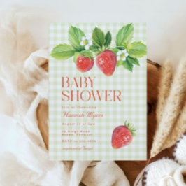 Elegant Strawberry Green Gingham Baby Shower Einladung