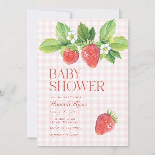 Elegant Strawberry Pink Gingham Girl Baby Shower Einladung (Vorderseite)