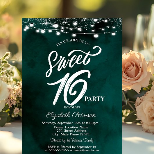 Elegant String Lights Confetti Green Sweet 16 Einladung