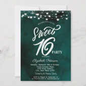 Elegant String Lights Confetti Green Sweet 16 Einladung (Vorderseite)