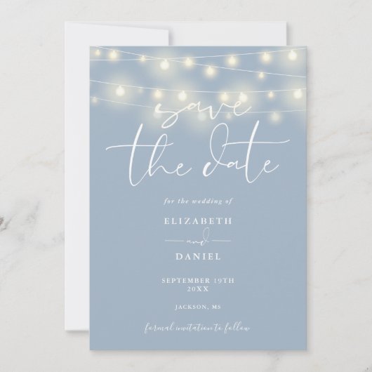 Elegant String Lights Dusty Blue QR Code Wedding Save The Date (Vorderseite)