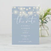 Elegant String Lights Dusty Blue QR Code Wedding Save The Date (Stehend Vorderseite)