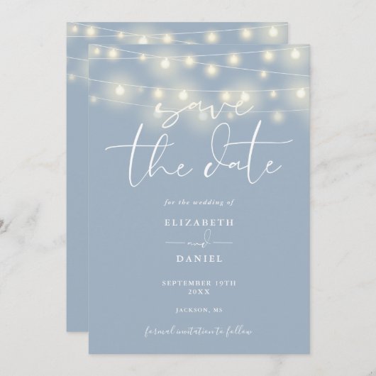 Elegant String Lights Dusty Blue QR Code Wedding Save The Date (Vorne/Hinten)