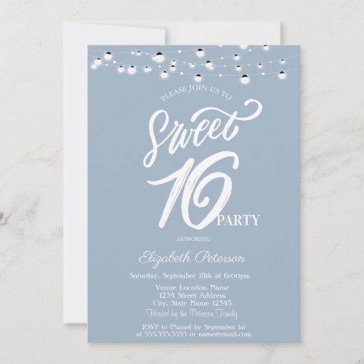 Elegant String Lights Dusty Blue Sweet 16 Einladung (Vorderseite)