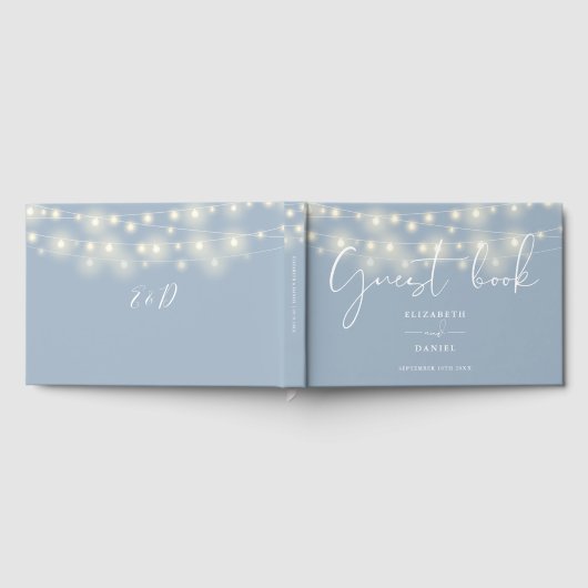 Elegant String Lights Dusty Blue Wedding Gästebuch (Voll)
