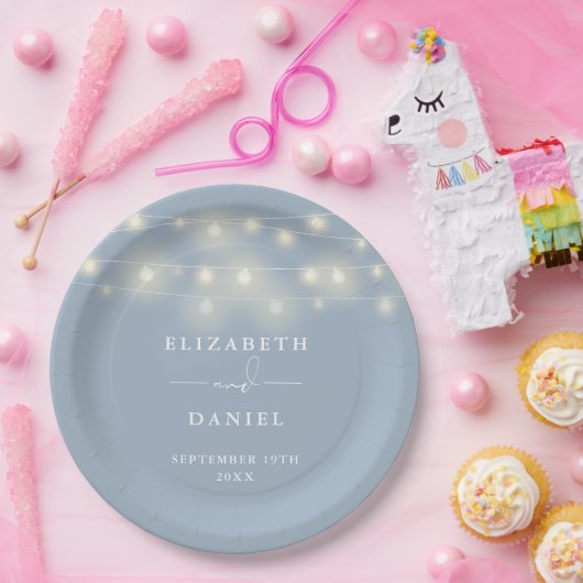 Elegant String Lights Dusty Blue Wedding Pappteller (Party)