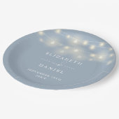 Elegant String Lights Dusty Blue Wedding Pappteller (Schrägansicht)