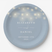 Elegant String Lights Dusty Blue Wedding Pappteller (Vorderseite)