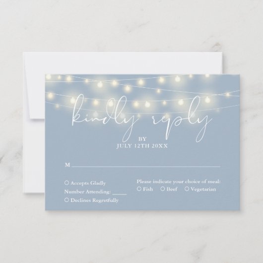 Elegant String Lights Dusty Blue Wedding RSVP Karte (Vorderseite)
