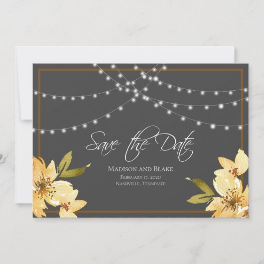 Elegant String Lights Floral Save the Date (Vorderseite)