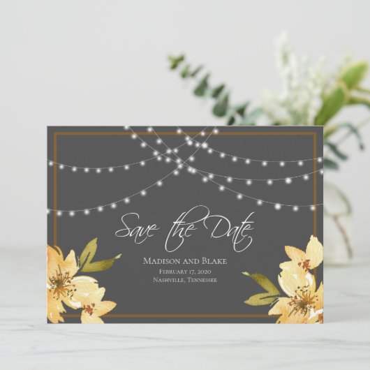 Elegant String Lights Floral Save the Date (Stehend Vorderseite)