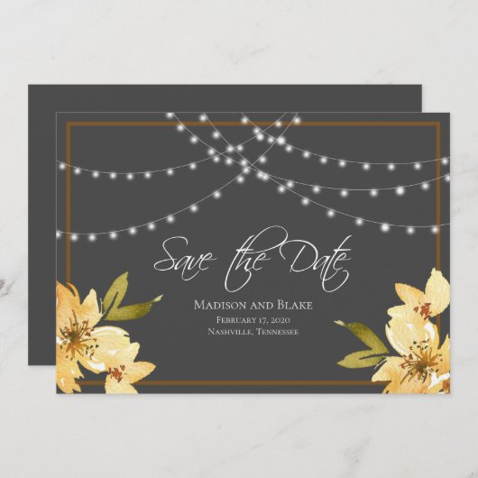 Elegant String Lights Floral Save the Date (Vorne/Hinten)
