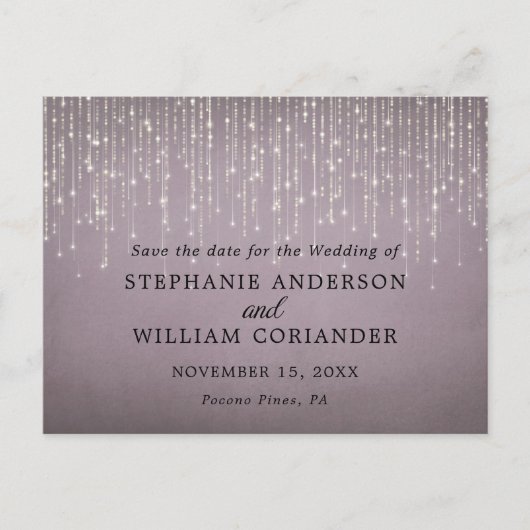 Elegant String Lights Mauve Save the Date STD Ankündigungspostkarte (Vorderseite)