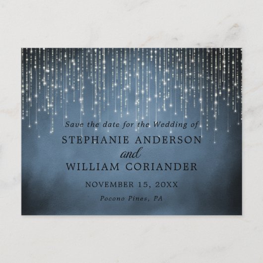 Elegant String Lights Navy Blue Save the Date STD Ankündigungspostkarte (Vorderseite)