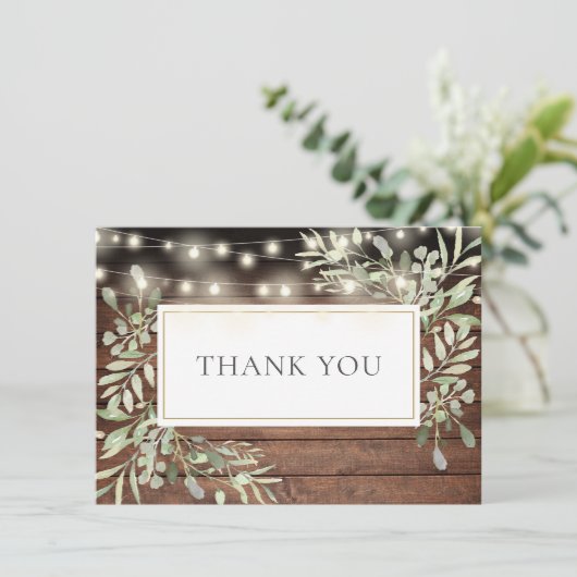 Elegant String Lights Rustikale Waldlandschaft Dankeskarte (Stehend Vorderseite)