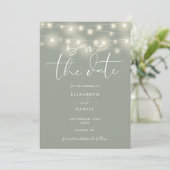 Elegant String Lights Sage Green QR Code Wedding Save The Date (Stehend Vorderseite)