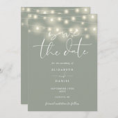 Elegant String Lights Sage Green QR Code Wedding Save The Date (Vorne/Hinten)