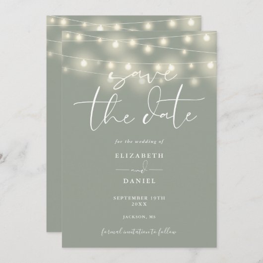 Elegant String Lights Sage Green QR Code Wedding Save The Date (Vorne/Hinten)