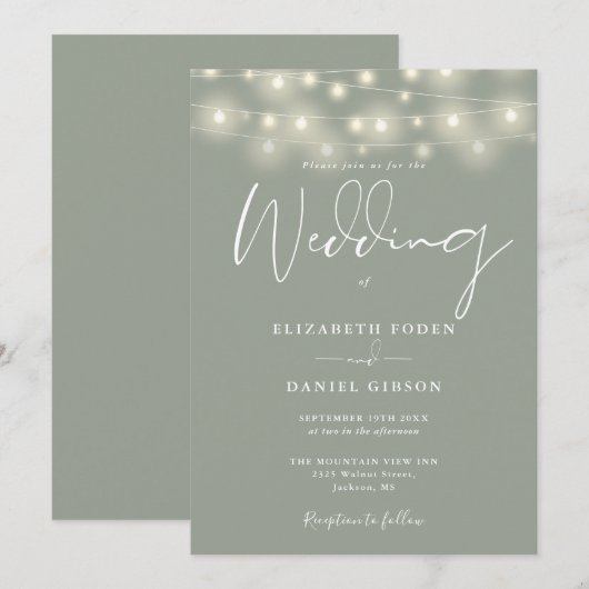 Elegant String Lights Sage Green Wedding Einladung (Vorne/Hinten)