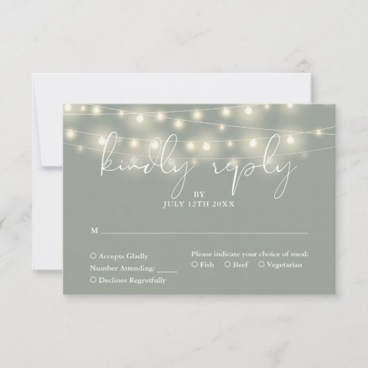 Elegant String Lights Sage Green Wedding RSVP Karte (Vorderseite)