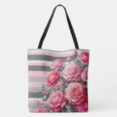Elegant Striped Pink and Grey with Roses Tasche (Rückseite)