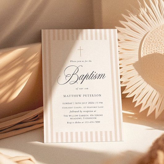 Elegant Stripes Beige Calligraphy Baptism Einladung