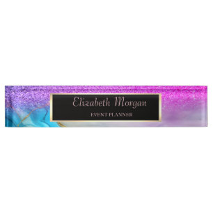 Elegant Stylisch Glitter Bokeh, Violetter Marmor, Namensplakette