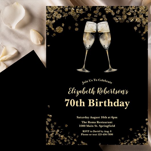 Elegant Stylish Black and Gold 70th Birthday  Einladung